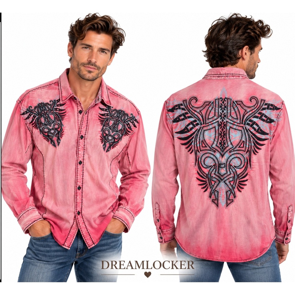 ROAR Shirt Mens XL Pink Embroidered Y2K Western Rock Tattoo Graphic Button Up
